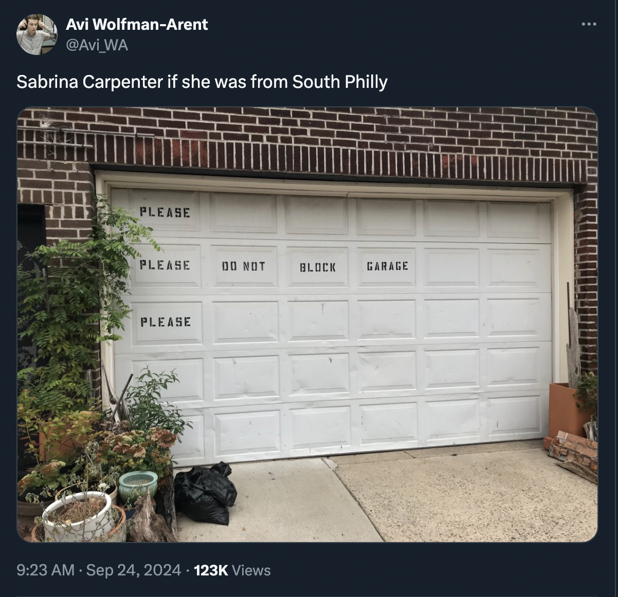 garage door - Avi WolfmanArent Sabrina Carpenter if she was from South Philly Please Please Do Not Block Garage Please Views